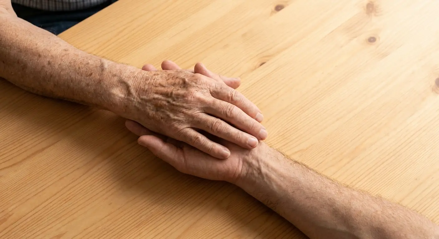 Two hands, one resting gently on top of the other in a gesture of support